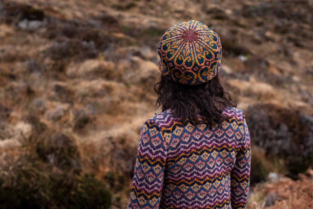 Painted Lady cardigan patterncard kit design by Jade Starmore and Henry VIII Hat Set by Alice Starmore in Hebridean 2 Ply yarn