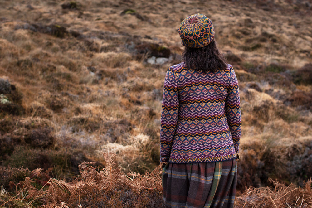 Painted Lady cardigan patterncard kit design by Jade Starmore and Henry VIII Hat Set by Alice Starmore in Hebridean 2 Ply yarn