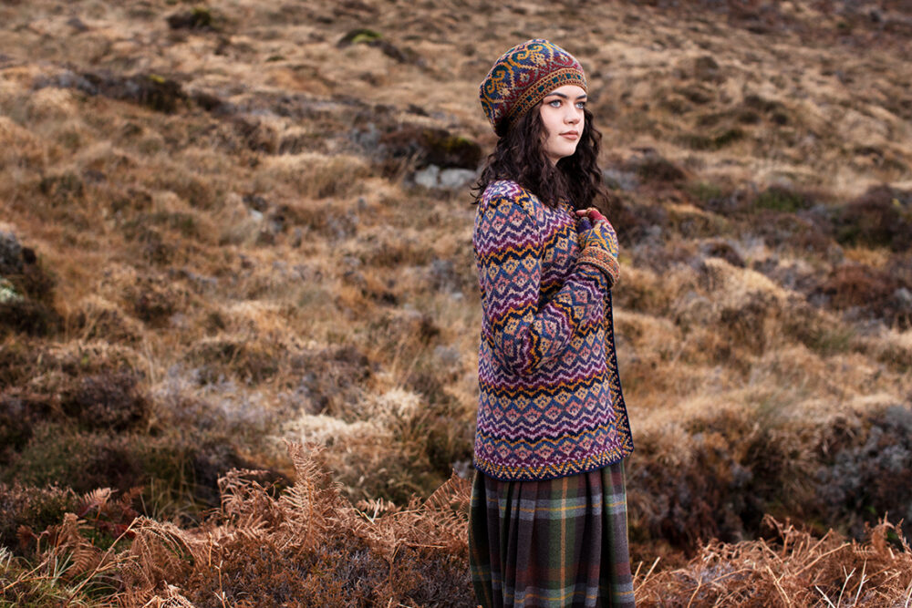 Painted Lady cardigan patterncard kit design by Jade Starmore and Henry VIII Hat Set by Alice Starmore in Hebridean 2 Ply yarn