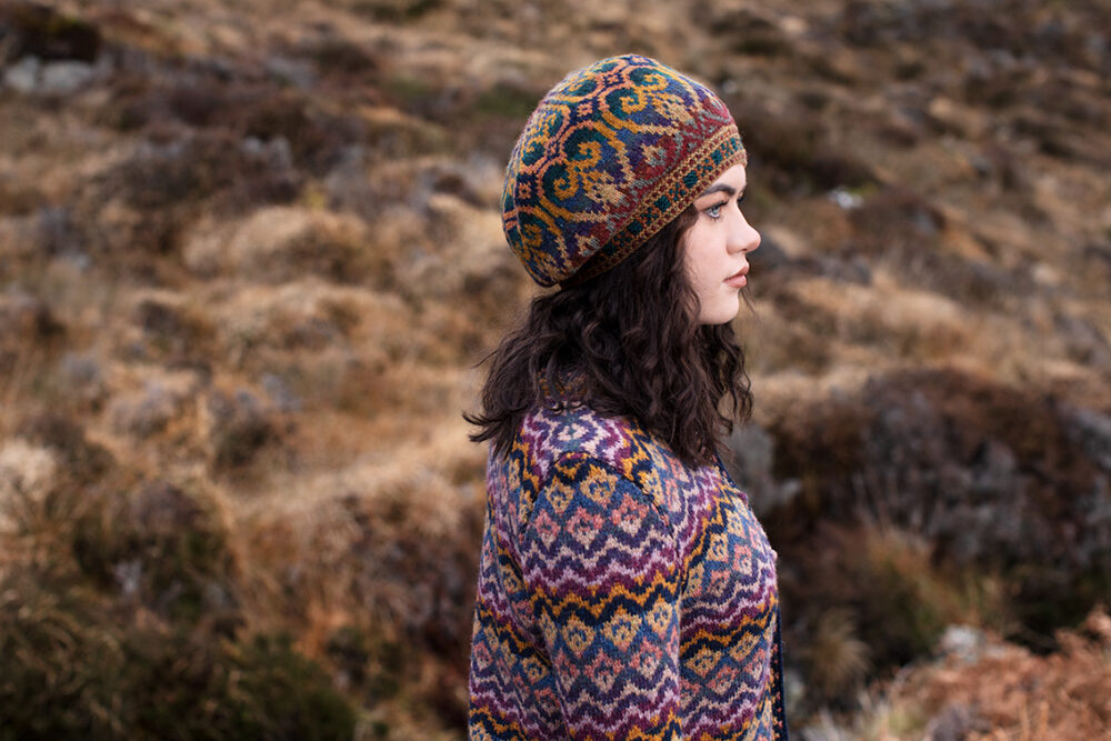 Painted Lady cardigan patterncard kit design by Jade Starmore and Henry VIII Hat Set by Alice Starmore in Hebridean 2 Ply yarn