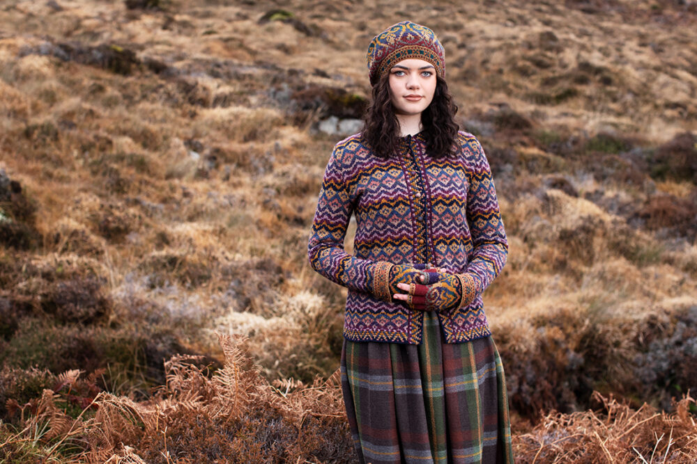 Painted Lady cardigan patterncard kit design by Jade Starmore and Henry VIII Hat Set by Alice Starmore in Hebridean 2 Ply yarn