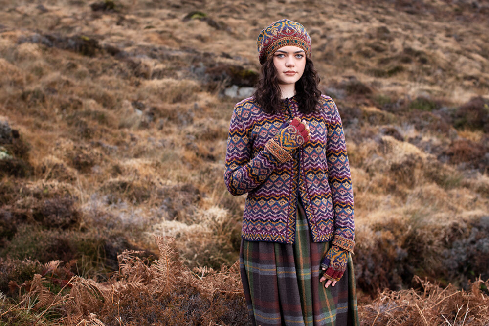 Painted Lady cardigan patterncard kit design by Jade Starmore and Henry VIII Hat Set by Alice Starmore in Hebridean 2 Ply yarn