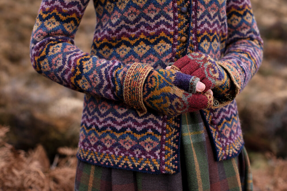 Painted Lady cardigan patterncard kit design by Jade Starmore and Henry VIII Hat Set by Alice Starmore in Hebridean 2 Ply yarn