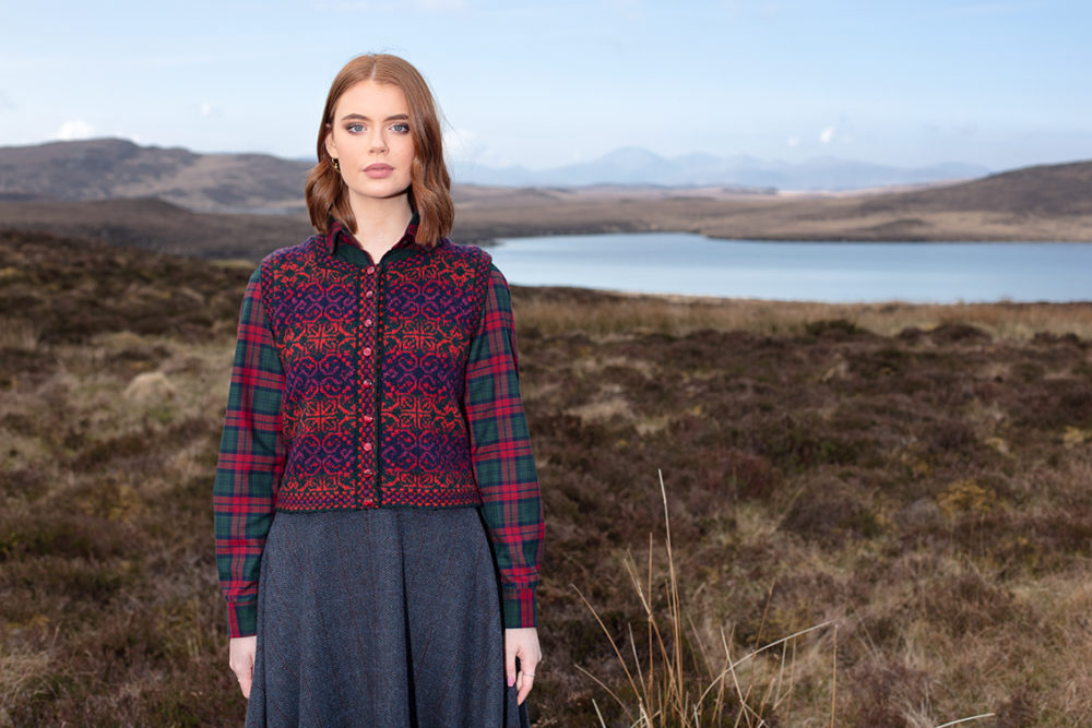 Rosarie Waistcoat patterncard knitwear design by Alice Starmore in pure wool Hebridean 2 Ply hand knitting yarn