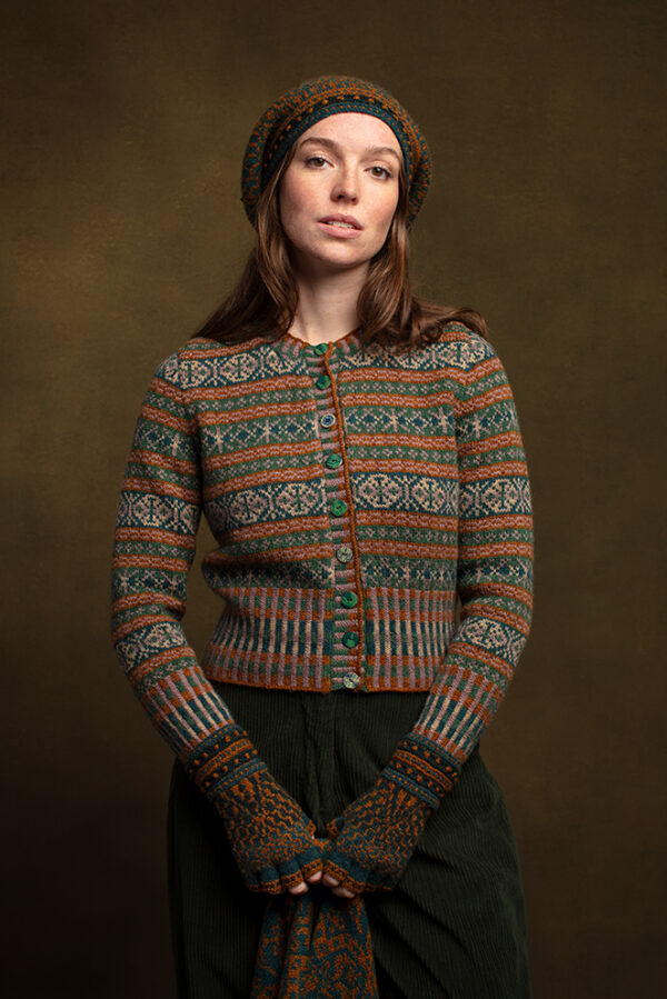 Roscalie Cardigan and Briodag Hat Set patterncard kit designs by Alice Starmore in Hebridean 2 Ply