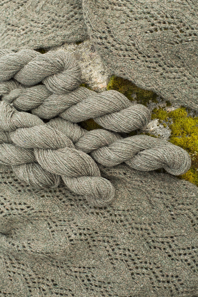 Seaweed Scarf patterncard knitwear design by Alice Starmore in pure wool Hebridean 2 Ply hand knitting yarn