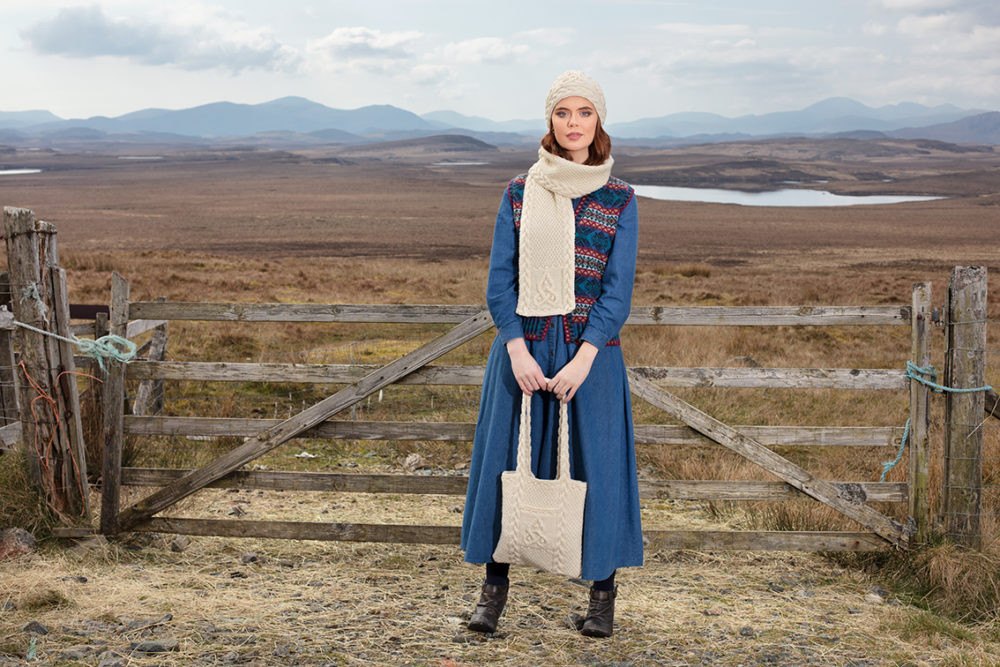 Mara and Triskel patterncard knitwear designs by Alice Starmore in pure wool Hebridean 2 Ply and Bainin hand knitting yarn