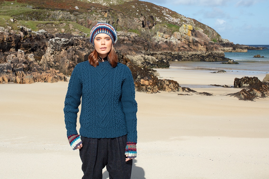 Malin and Wave patterncard knitwear designs by Alice Starmore in pure wool Hebridean 2 Ply and Bainin hand knitting yarn