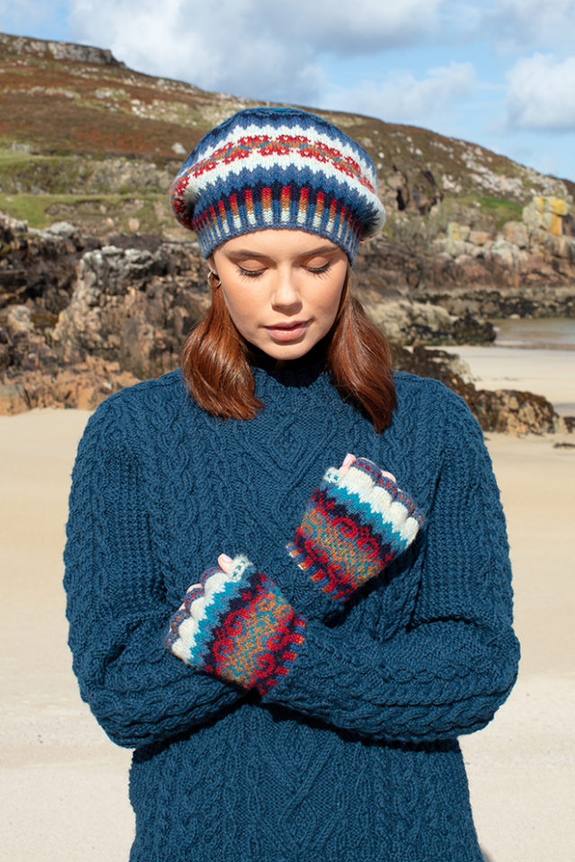 Malin and Wave patterncard knitwear designs by Alice Starmore in pure wool Hebridean 2 Ply and Bainin hand knitting yarn