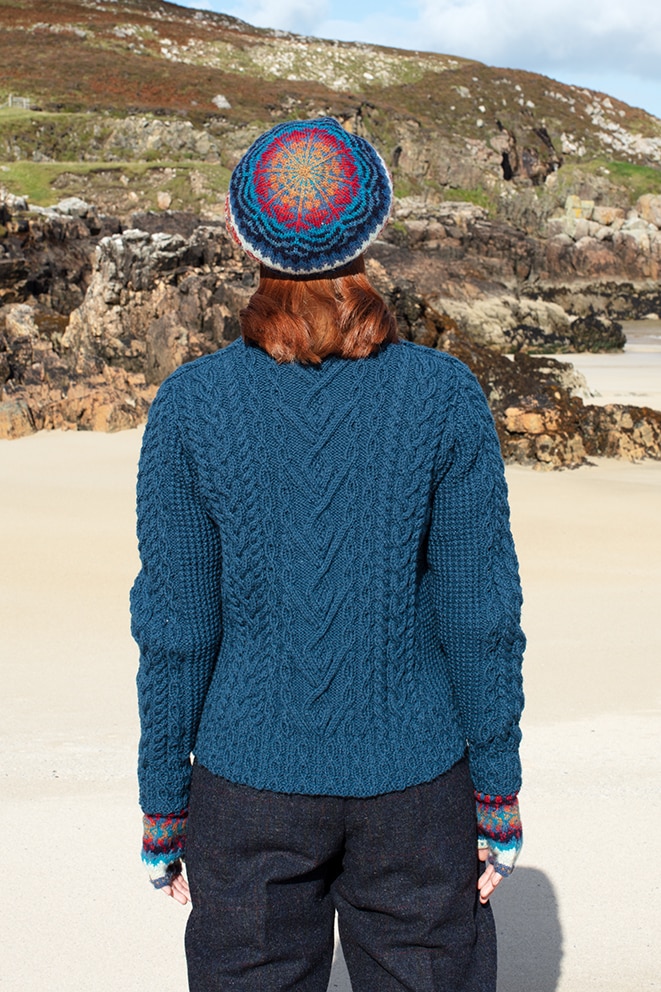 Malin and Wave patterncard knitwear designs by Alice Starmore in pure wool Hebridean 2 Ply and Bainin hand knitting yarn