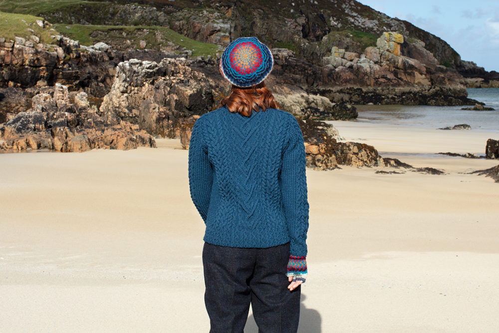 Malin and Wave patterncard knitwear designs by Alice Starmore in pure wool Hebridean 2 Ply and Bainin hand knitting yarn