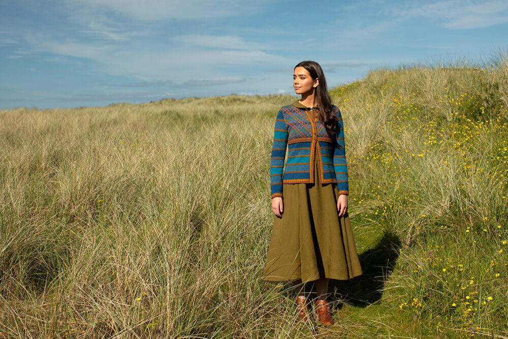 The Damselfly Cardigan patterncard kit design by Alice Starmore in Hebridean 2 Ply