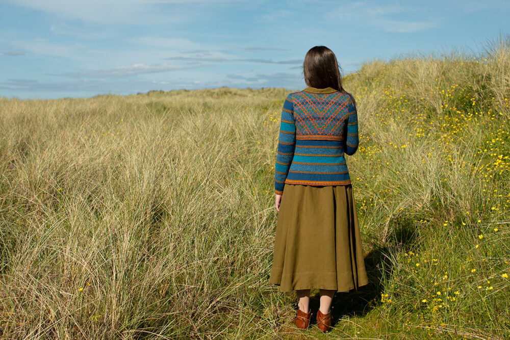 The Damselfly Cardigan patterncard kit design by Alice Starmore in Hebridean 2 Ply