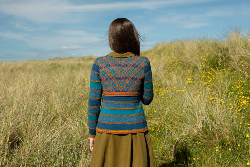 The Damselfly Cardigan patterncard kit design by Alice Starmore in Hebridean 2 Ply