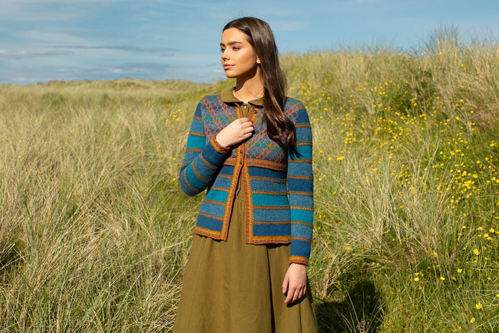 The Damselfly Cardigan patterncard kit design by Alice Starmore in Hebridean 2 Ply