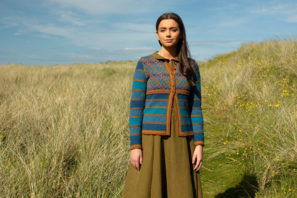 The Damselfly Cardigan patterncard kit design by Alice Starmore in Hebridean 2 Ply