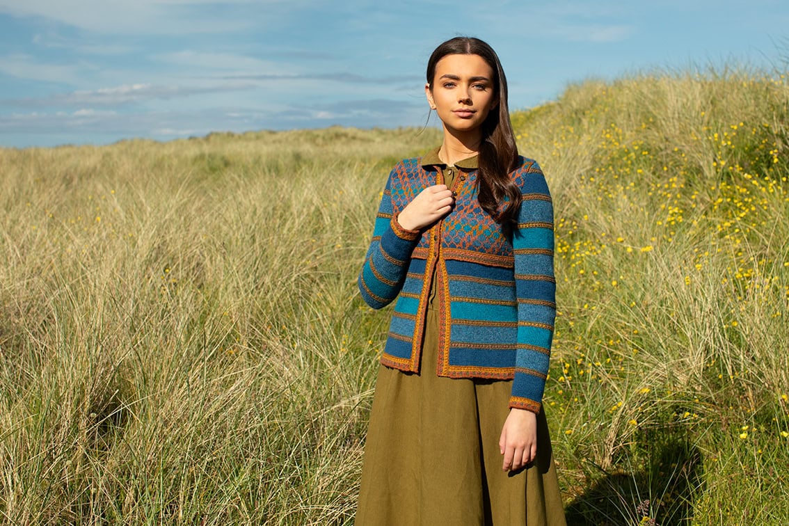 The Damselfly Cardigan patterncard kit design by Alice Starmore in Hebridean 2 Ply