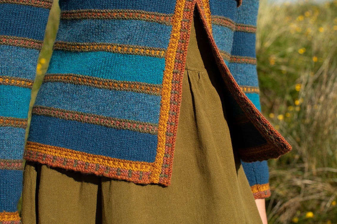 The Damselfly Cardigan patterncard kit design by Alice Starmore in Hebridean 2 Ply The Damselfly Cardigan patterncard kit design by Alice Starmore in Hebridean 2 Ply