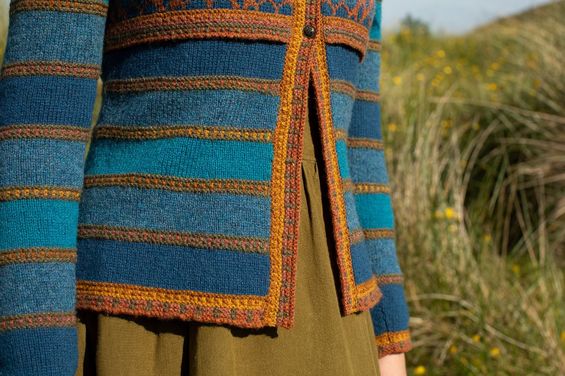 The Damselfly Cardigan patterncard kit design by Alice Starmore in Hebridean 2 Ply