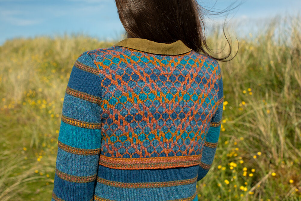 The Damselfly Cardigan patterncard kit design by Alice Starmore in Hebridean 2 Ply
