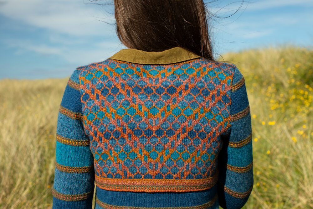 The Damselfly Cardigan patterncard kit design by Alice Starmore in Hebridean 2 Ply