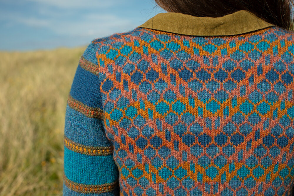 The Damselfly Cardigan patterncard kit design by Alice Starmore in Hebridean 2 Ply