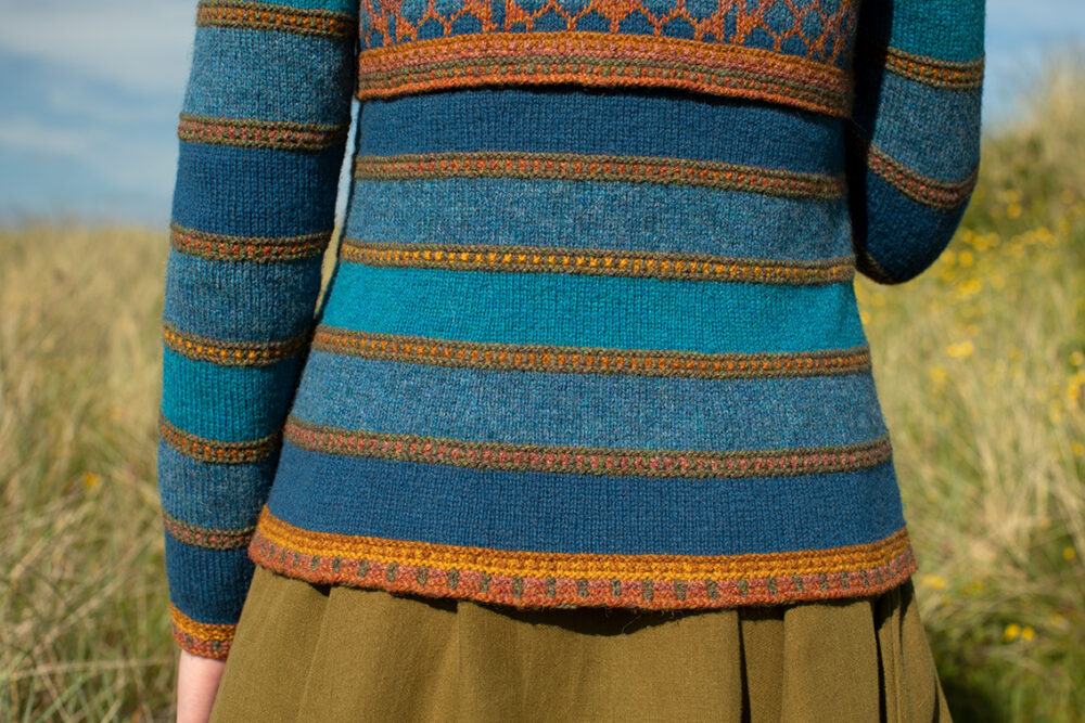 The Damselfly Cardigan patterncard kit design by Alice Starmore in Hebridean 2 Ply