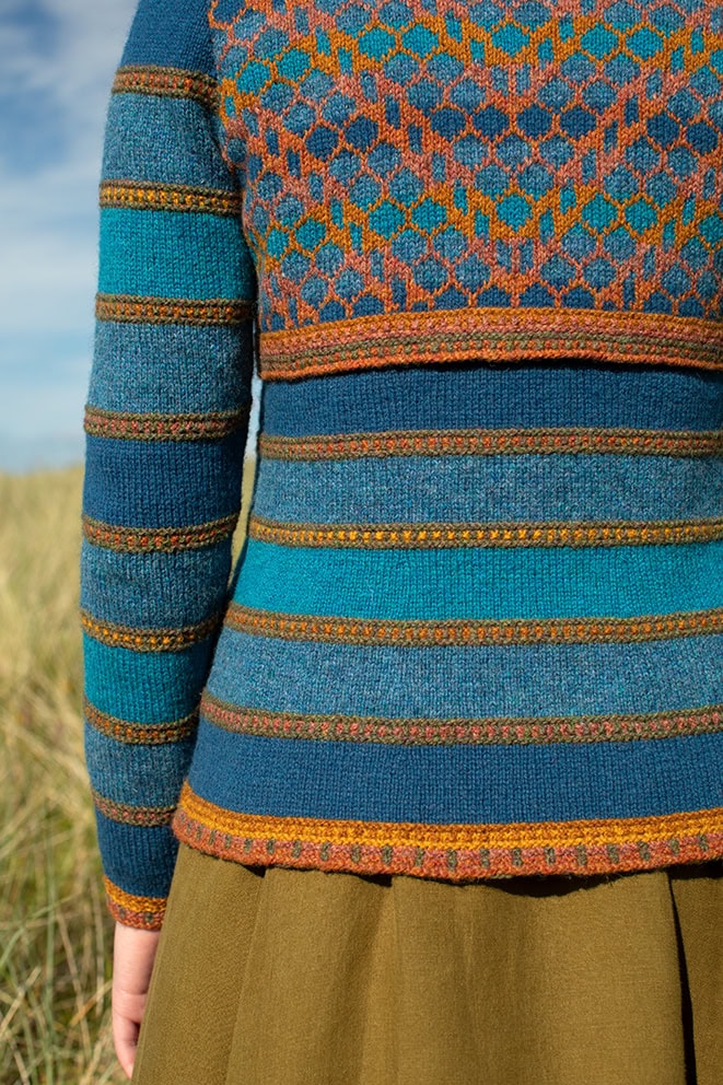 The Damselfly Cardigan patterncard kit design by Alice Starmore in Hebridean 2 Ply