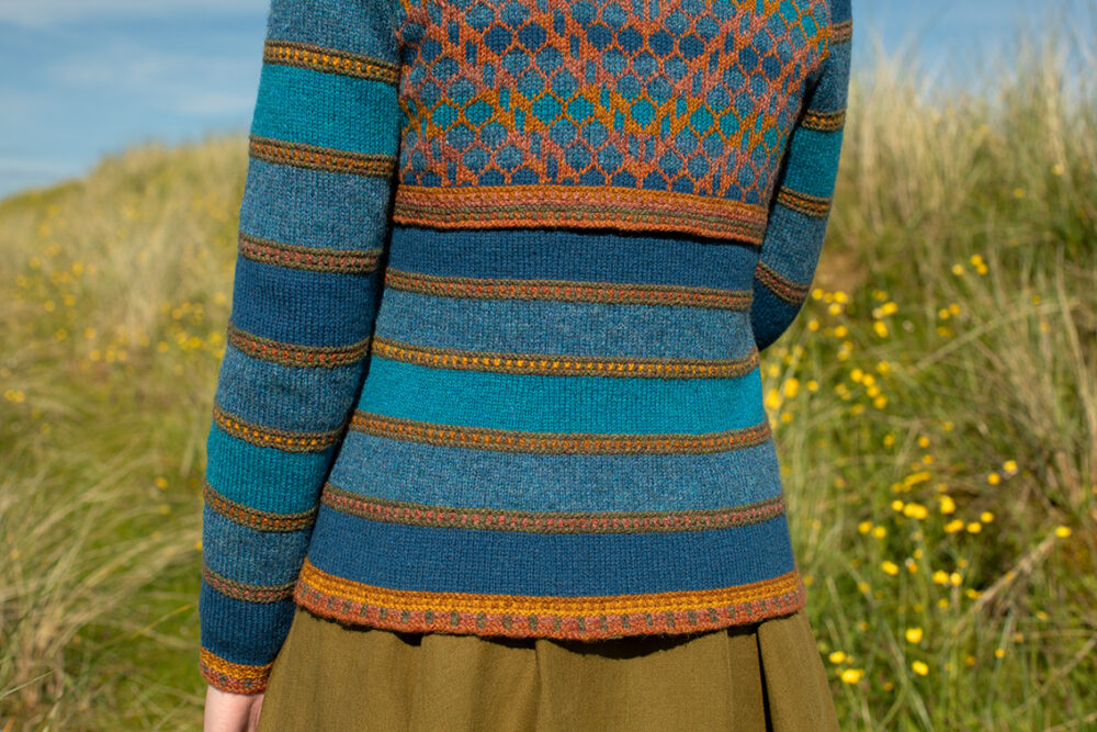 The Damselfly Cardigan patterncard kit design by Alice Starmore in Hebridean 2 Ply
