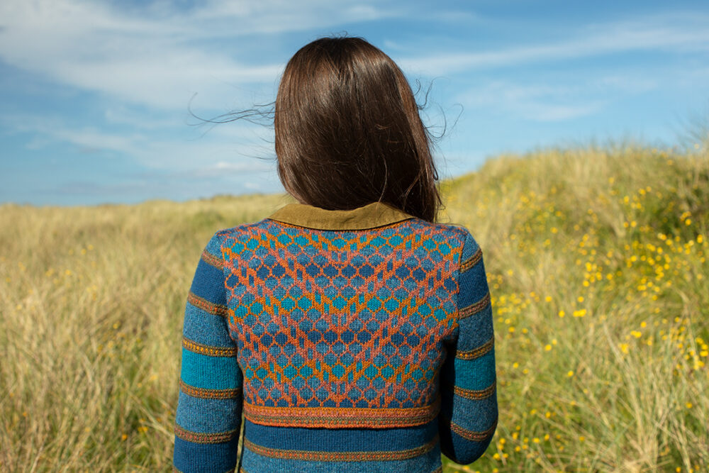 The Damselfly Cardigan patterncard kit design by Alice Starmore in Hebridean 2 Ply