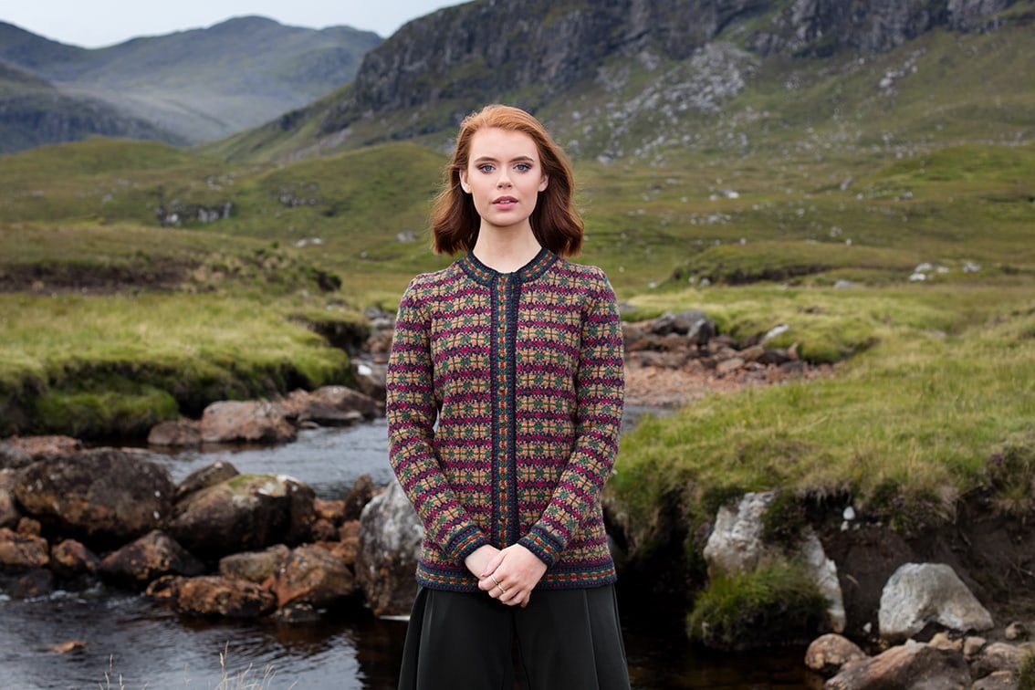 Cailleach cardigan hand knitwear design from the book Glamourie by Alice Starmore