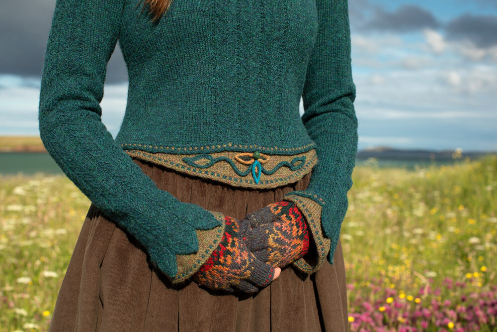 The Lapwing Pullover and Red Jacobite Rose Hat Set patterncard kit designs by Alice Starmore in Hebridean 2 Ply