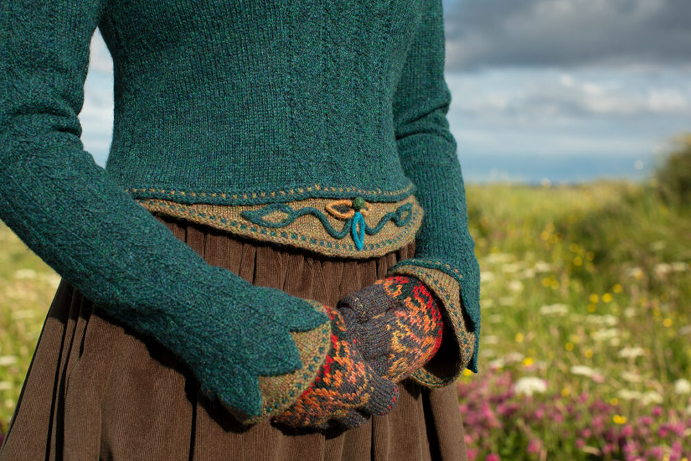 The Lapwing Pullover and Red Jacobite Rose Hat Set patterncard kit designs by Alice Starmore in Hebridean 2 Ply
