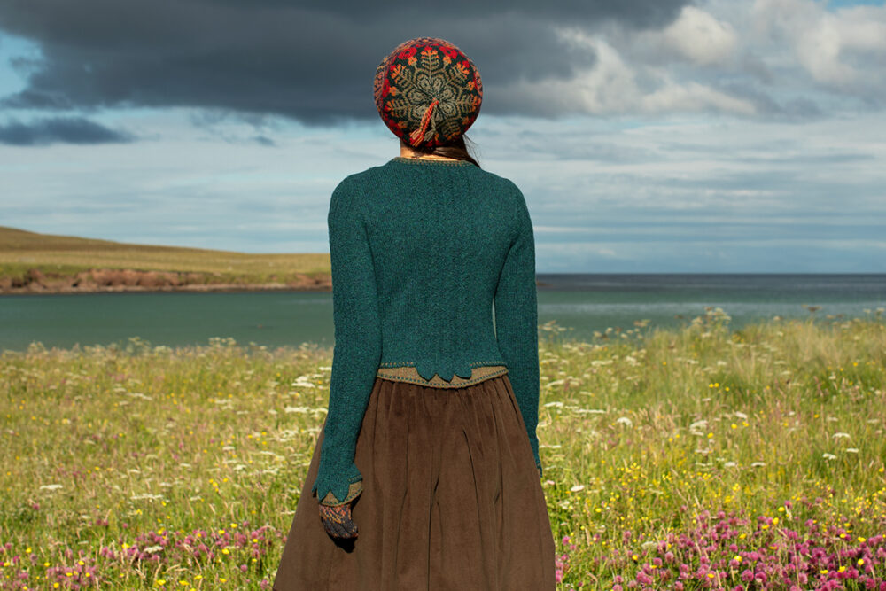 The Lapwing Pullover and Red Jacobite Rose Hat Set patterncard kit designs by Alice Starmore in Hebridean 2 Ply