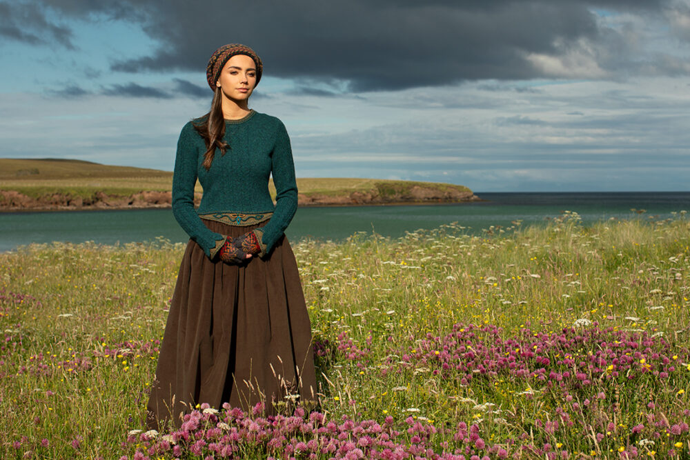 The Lapwing Pullover and Red Jacobite Rose Hat Set patterncard kit designs by Alice Starmore in Hebridean 2 Ply