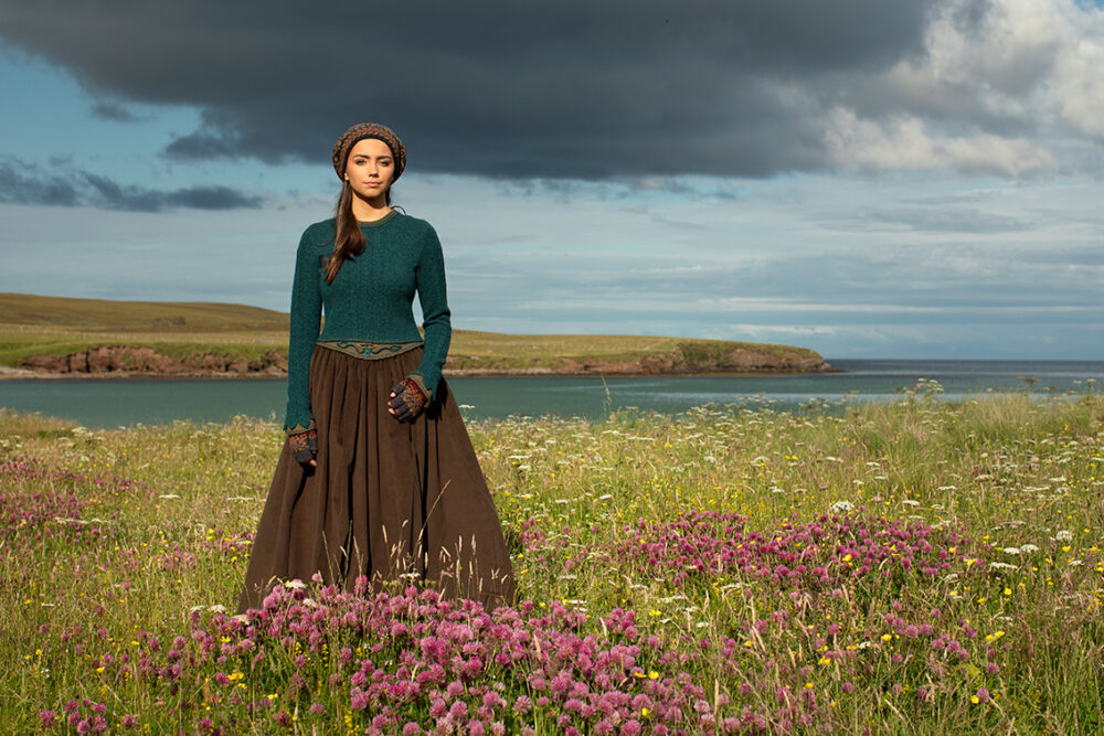 The Lapwing Pullover and Red Jacobite Rose Hat Set patterncard kit designs by Alice Starmore in Hebridean 2 Ply