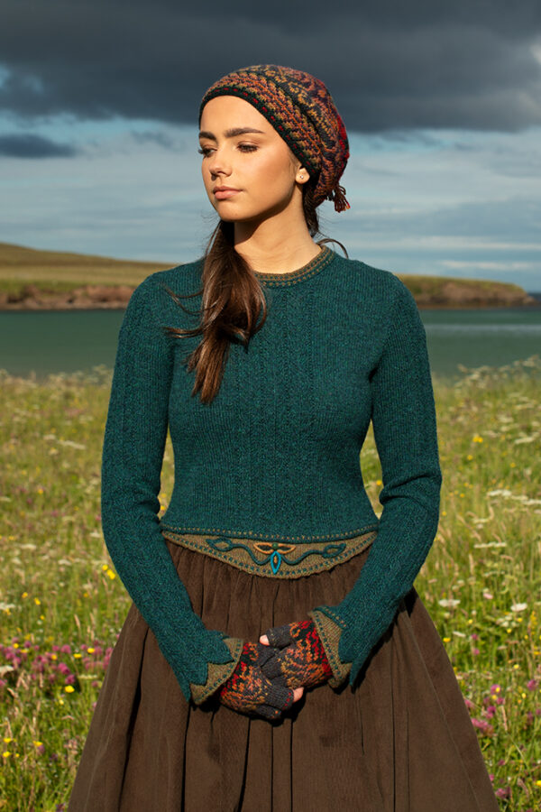The Lapwing Pullover and Red Jacobite Rose Hat Set patterncard kit designs by Alice Starmore in Hebridean 2 Ply
