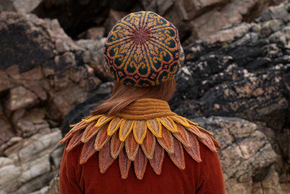 The Sandpiper Collar and Henry VIII Hat Set patterncard kit designs by Alice Starmore in Hebridean 2 & 3 Ply