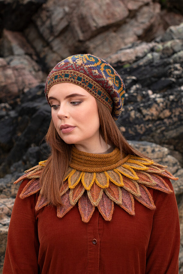 The Sandpiper Collar and Henry VIII Hat Set patterncard kit designs by Alice Starmore in Hebridean 2 & 3 Ply