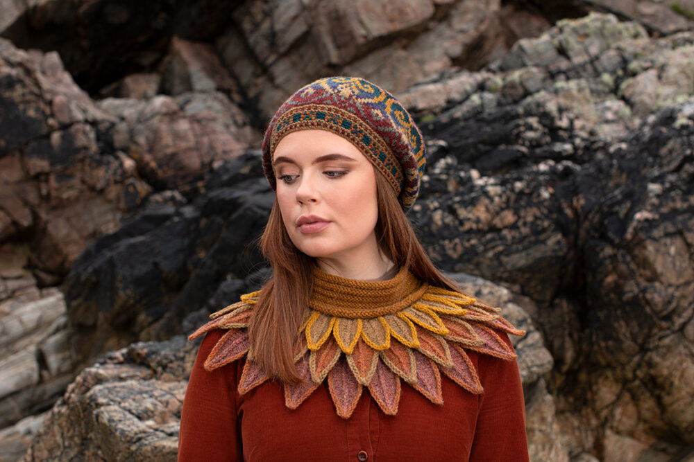 The Sandpiper Collar and Henry VIII Hat Set patterncard kit designs by Alice Starmore in Hebridean 2 & 3 Ply