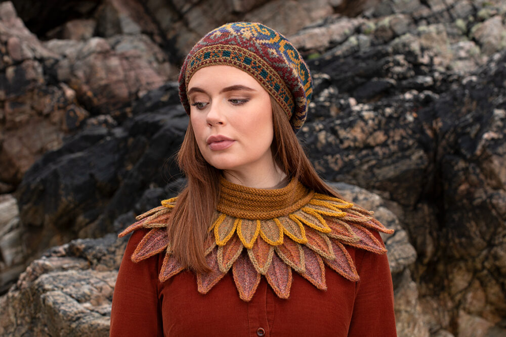 The Sandpiper Collar and Henry VIII Hat Set patterncard kit designs by Alice Starmore in Hebridean 2 & 3 Ply