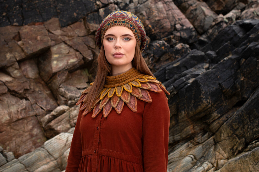 The Sandpiper Collar and Henry VIII Hat Set patterncard kit designs by Alice Starmore in Hebridean 2 & 3 Ply