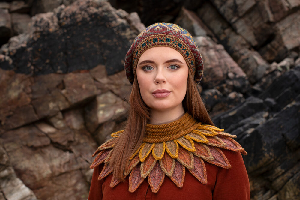 The Sandpiper Collar and Henry VIII Hat Set patterncard kit designs by Alice Starmore in Hebridean 2 & 3 Ply