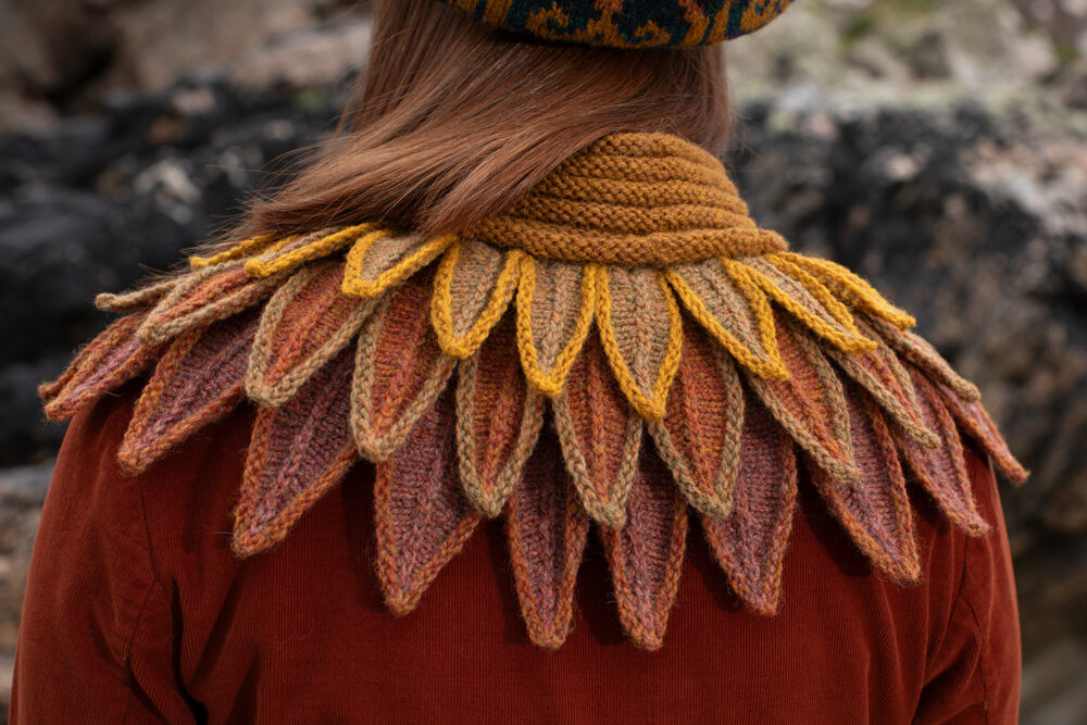 The Sandpiper Collar and Henry VIII Hat Set patterncard kit designs by Alice Starmore in Hebridean 2 & 3 Ply