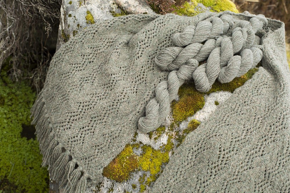 Seaweed scarf design by Alice Starmore in Sea Ivory Hebridean 2 Ply