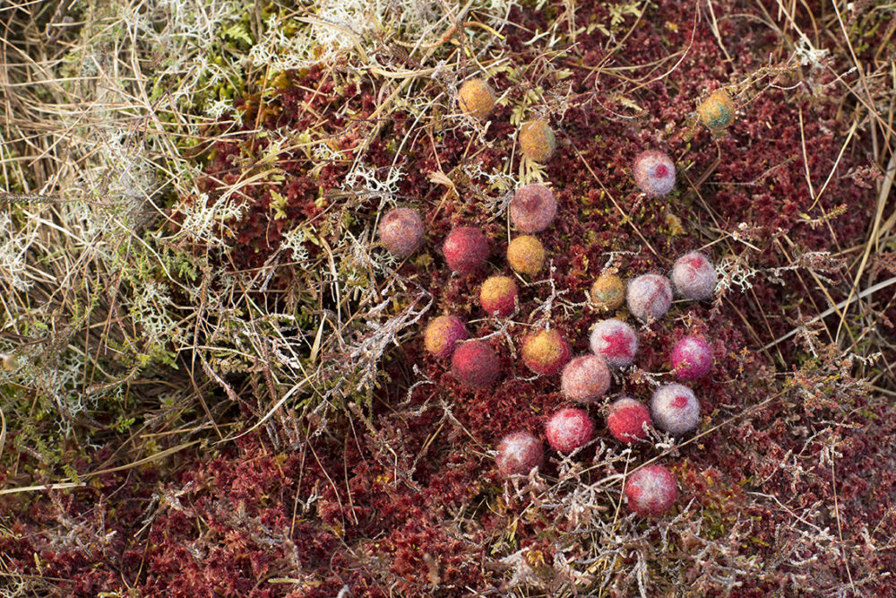 Felted buttons from Glamourie by Alice Starmore, made in Hebridean 2 Ply yarn