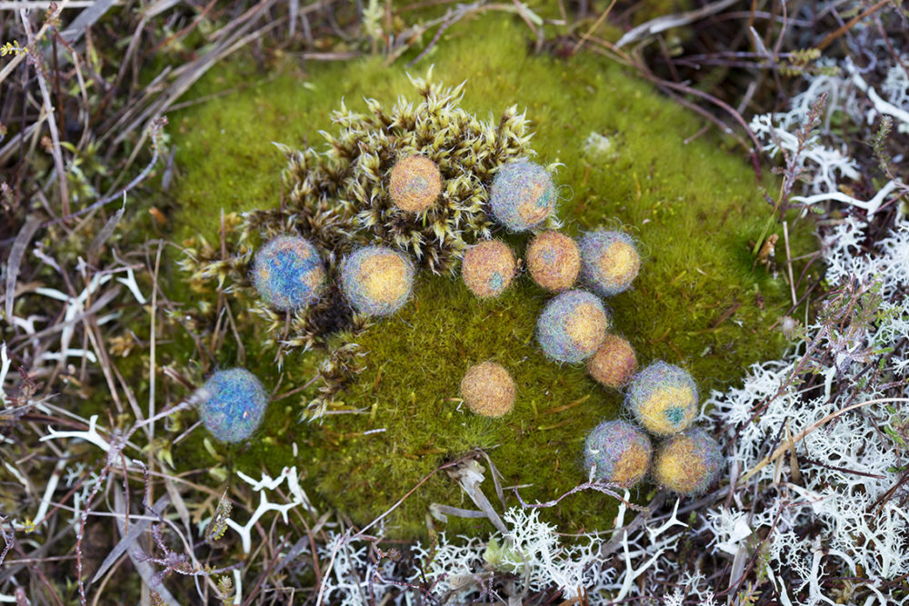 Felted buttons from Glamourie by Alice Starmore, made in Hebridean 2 Ply yarn