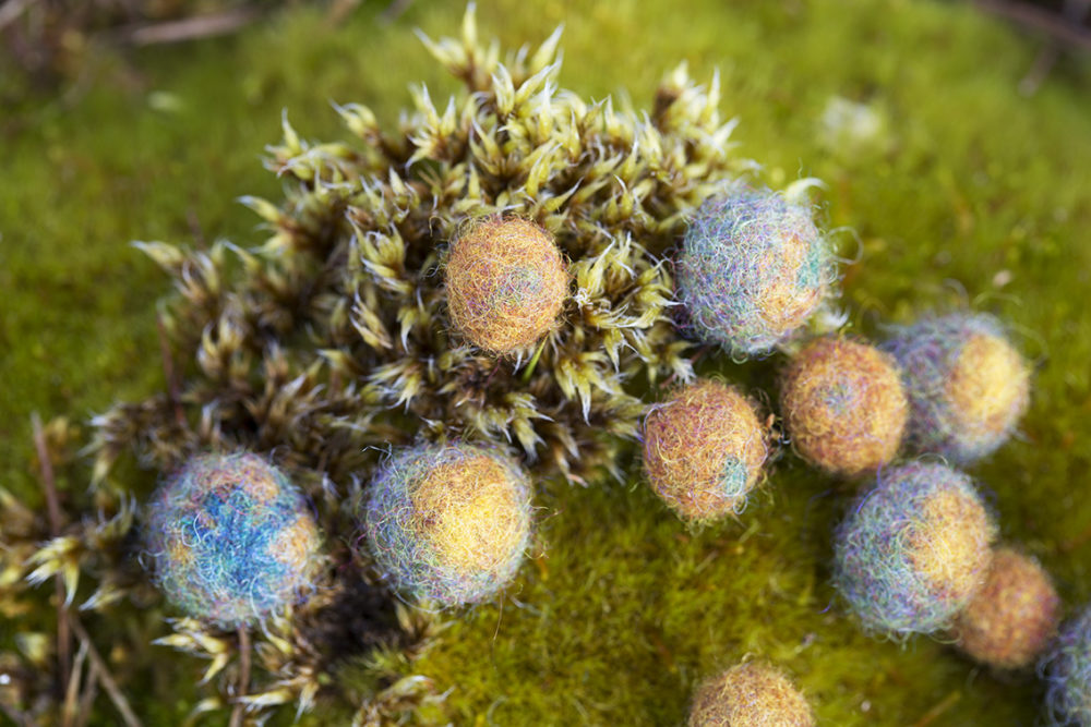 Felted buttons from Glamourie by Alice Starmore, made in Hebridean 2 Ply yarn