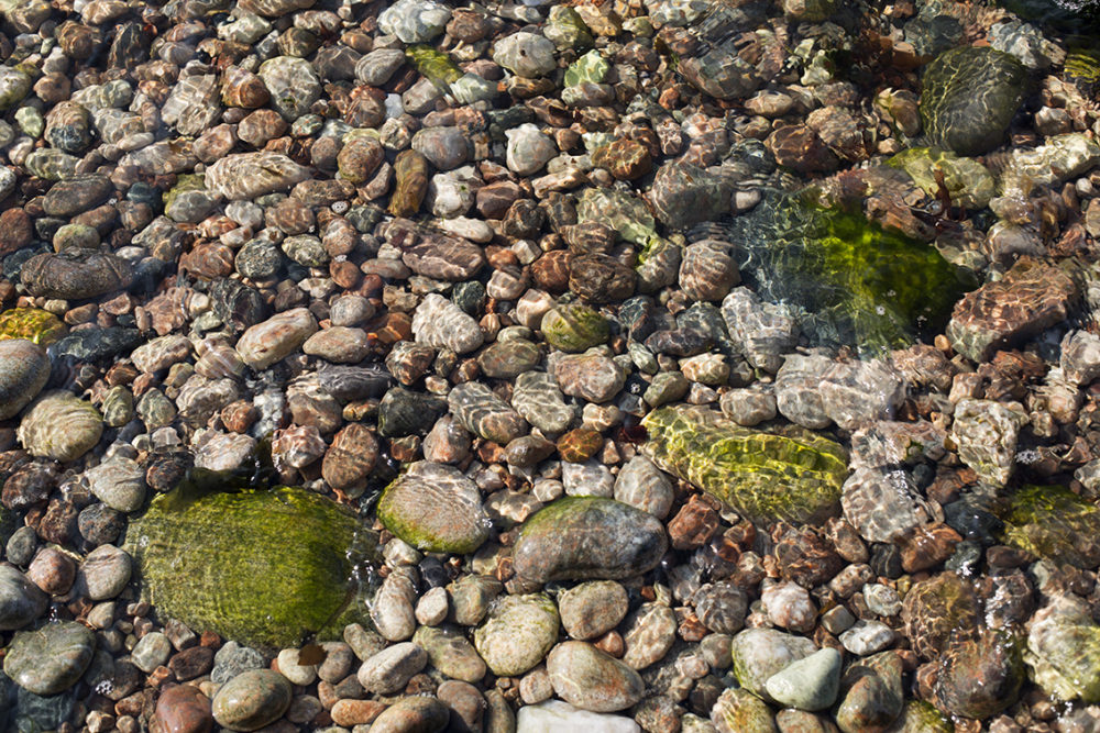 Many coloured shingle with the tide washing over it
