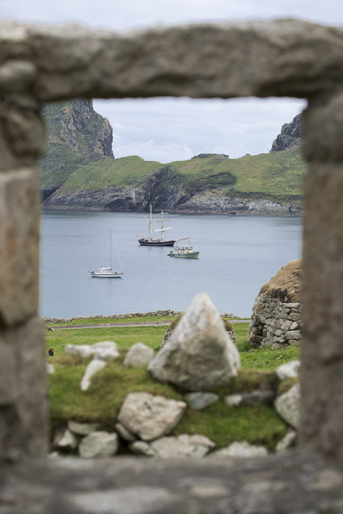Village Bay on St Kilda through the window of one of the ruined houses